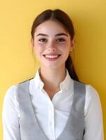 Portrait of a friendly and professional young woman working as a hotel receptionist smiling warmly against a vibrant colored background photo