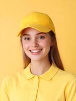Portrait of a cheerful and friendly young woman wearing a casual yellow outfit smiling confidently against a vibrant color background photo