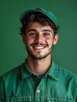 Portrait of a cheerful young man wearing a green uniform and hat smiling confidently as a farm worker or gardener set against a vibrant colored background photo