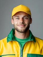 Portrait of a friendly and cheerful landscaping worker wearing a yellow cap and green uniform showcasing a positive and confident demeanor photo