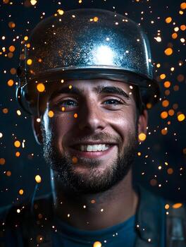Portrait of a happy bearded welder wearing a safety helmet while working surrounded by a vibrant sparkling backdrop photo
