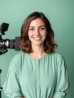 Headshot portrait of a young friendly and enthusiastic journalist with a warm confident smile posing in front of a vibrant green studio backdrop photo