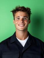 Headshot portrait of a friendly confident young man with short styled hair and a warm inviting smile photographed against a vibrant green studio backdrop photo