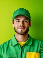 Portrait of a cheerful uniformed landscaping worker with a green hardhat and yellow jacket isolated on a vibrant green background photo