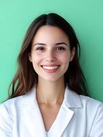 Portrait of a young smiling female therapist in a white coat expressing warmth and professionalism against a vibrant green background photo