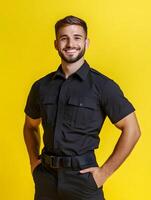 Portrait of a friendly confident young security guard wearing a uniform and standing against a vibrant yellow background photo
