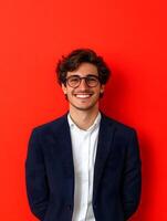 Portrait of a young smiling man wearing a suit and glasses posing confidently against a bright red background photo