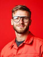 Headshot portrait of a cheerful friendly looking young man wearing a red uniform likely an assembler or worker in a manufacturing or industrial setting photo