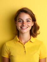 Portrait of a young smiling woman with a warm confident expression against a vibrant yellow background photo