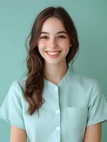 Portrait of a young friendly and approachable cosmetologist with warm inviting expression against a vibrant color background photo