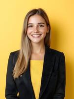 Portrait of a confident and friendly young woman in a black business suit smiling against a vibrant yellow backdrop representing a successful events manager or corporate professional photo