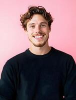 Portrait of a friendly enthusiastic young man with curly hair and a warm inviting smile against a vibrant pink background photo