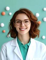 Smiling young woman wearing a white lab coat glasses and a green shirt posing for a portrait in a bright modern studio setting photo