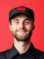 Portrait of a friendly confident young man wearing a professional uniform and cap smiling directly at the against a vibrant red background representing a bus driver or transportation employee photo