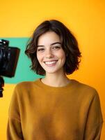 Portrait of a cheerful confident young woman with a in front of a vibrant yellow and green background suggesting a career in media or the arts photo