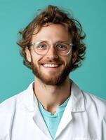 Portrait of a young friendly and approachable scientist wearing a white coat and glasses with a warm and genuine smile on their face photo