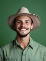 Portrait of a cheerful confident young man wearing a straw hat and casual shirt smiling warmly against a lush vibrant green background suggesting his occupation as a farm worker photo