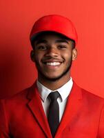 Portrait of a friendly enthusiastic young hotel front door greeter welcoming guests with a bright smile and professional uniform photo