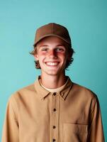 Portrait of a young smiling worker with a friendly confident expression on a vibrant color background photo