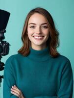 Portrait of a young cheerful female journalist posing in front of a vibrant teal colored background with a and other filming equipment visible in the frame photo