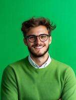 Portrait of a young energetic and confident looking male journalist with an easygoing smile wearing a green sweater against a vibrant green studio backdrop photo