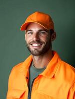Portrait of a young smiling man wearing an orange safety jacket and hat likely a landscaping or construction worker photo