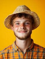 Portrait of a friendly confident young man wearing a straw hat and plaid shirt smiling against a warm vibrant orange background suggesting a positive carefree attitude photo