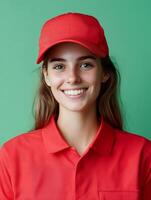 Portrait of a young friendly and enthusiastic fast food employee wearing a red uniform and cap smiling confidently and radiating a welcoming positive demeanor photo