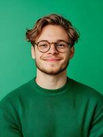 Portrait of a friendly confident young man with glasses and wavy hair smiling warmly against a vibrant green studio backdrop photo