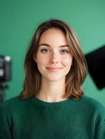 Portrait of a young cheerful woman with warm friendly expression wearing a green sweater in a studio setting with a colorful background photo