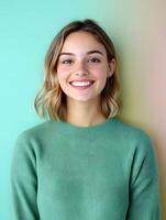 Portrait of a friendly approachable young woman with a welcoming smile wearing a cozy green sweater against a vibrant background photo