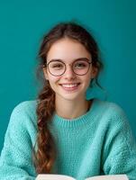 Headshot portrait of a cheerful friendly young woman wearing glasses and a turquoise sweater likely an editor or proofreader working in publishing or academia photo