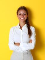 Headshot portrait of a young confident and friendly looking hotel manager standing with her arms crossed and smiling against a vibrant yellow background photo
