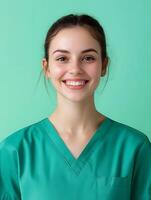 Portrait of a friendly cheerful young woman wearing a green medical uniform and smiling against a colorful background photo