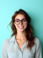 Portrait of a cheerful confident young woman with glasses and an engaging friendly expression photo
