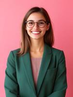 Portrait of a young friendly and confident woman in a green coat smiling warmly at the against a pink background photo