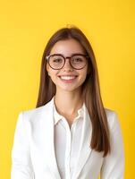 Headshot portrait of a friendly confident young woman in a white shirt smiling at the against a vibrant yellow background photo