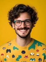 Portrait of a young smiling man with curly hair and glasses wearing a colorful sweater with game inspired graphics suggesting he may be a game writer or designer photo
