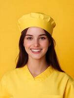 Portrait of a cheerful and friendly young woman wearing a yellow uniform and smiling against a vibrant yellow background photo