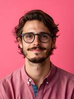 Portrait of a young smiling game writer showcasing a friendly professional demeanor in a vibrant studio setting photo