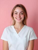 Portrait of a friendly confident young woman in a white uniform smiling warmly against a pink background representing her role as a skilled cosmetologist or healthcare professional photo