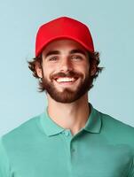 Portrait of a young friendly and cheerful looking delivery driver wearing a red cap and green shirt smiling directly at the against a plain colored background photo