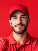 Portrait of a young smiling man with a beard wearing a red cap and shirt against a solid red background photo
