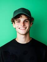 Portrait of a happy friendly young man wearing a casual black shirt and green cap smiling warmly against a bright green background photo