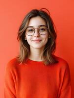 Portrait of a young smiling woman with glasses wearing a red sweater and posing confidently against a bright orange background photo