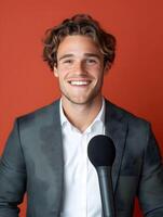 Portrait of a confident well dressed young man holding a microphone and smiling in a professional studio like setting photo