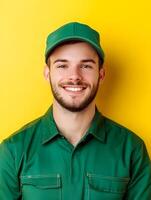 Portrait of a young smiling mechanic dressed in a green uniform wearing a cap and standing in front of a bright yellow background photo