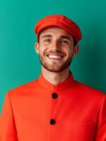 Portrait of a young friendly and welcoming bellhop wearing a red uniform and hat standing against a vibrant green background and smiling with enthusiasm photo