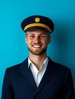 Portrait of a young friendly and welcoming cruise ship attendant wearing a professional uniform and hat smiling confidently in front of a blue background photo