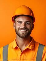 Portrait of a young smiling heavy equipment operator dressed in a bright orange uniform and hard hat exuding confidence and pride in his profession photo